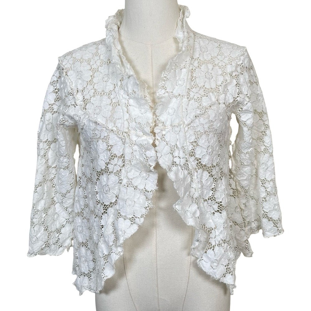 Cari Borja Lace Shrug Bolero Jacket Womens S White Floral Ruffle Art to Wear